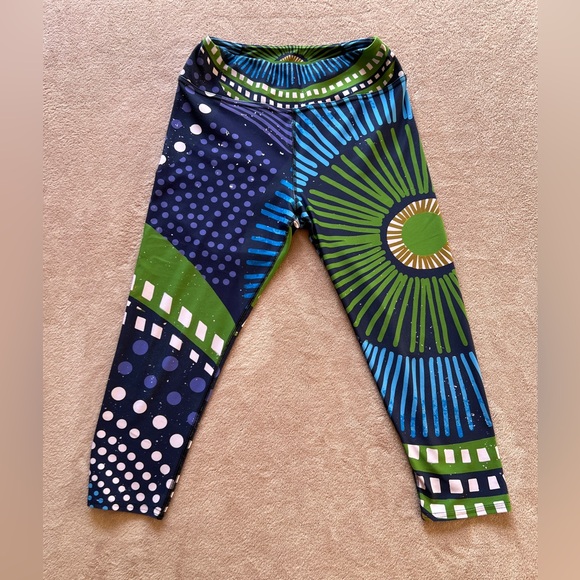 Loony legs sz L “Ethno Pop” blue green funky wild print fun Print Leggings EUC - Picture 3 of 8